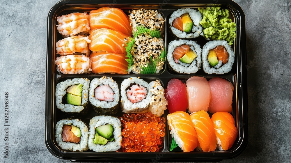Aufkleber Assorted sushi platter with various rolls and toppings in a black container on a textured gray background with copy space