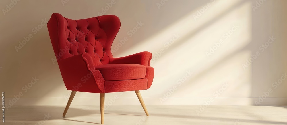 Poster modern red upholstered armchair with button tufting and wooden legs on a light wall background with 
