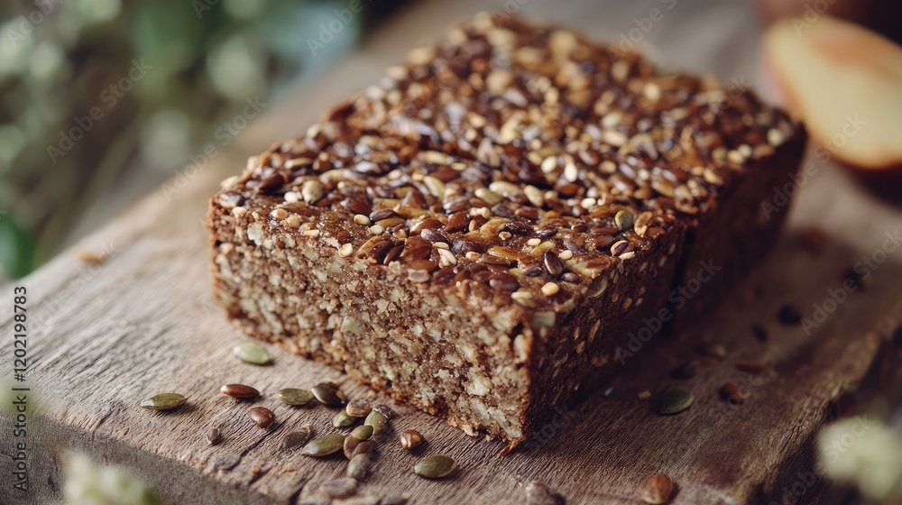 Poster freshly baked nutritious multi-seed bread loaf on wooden background with scattered seeds and natural