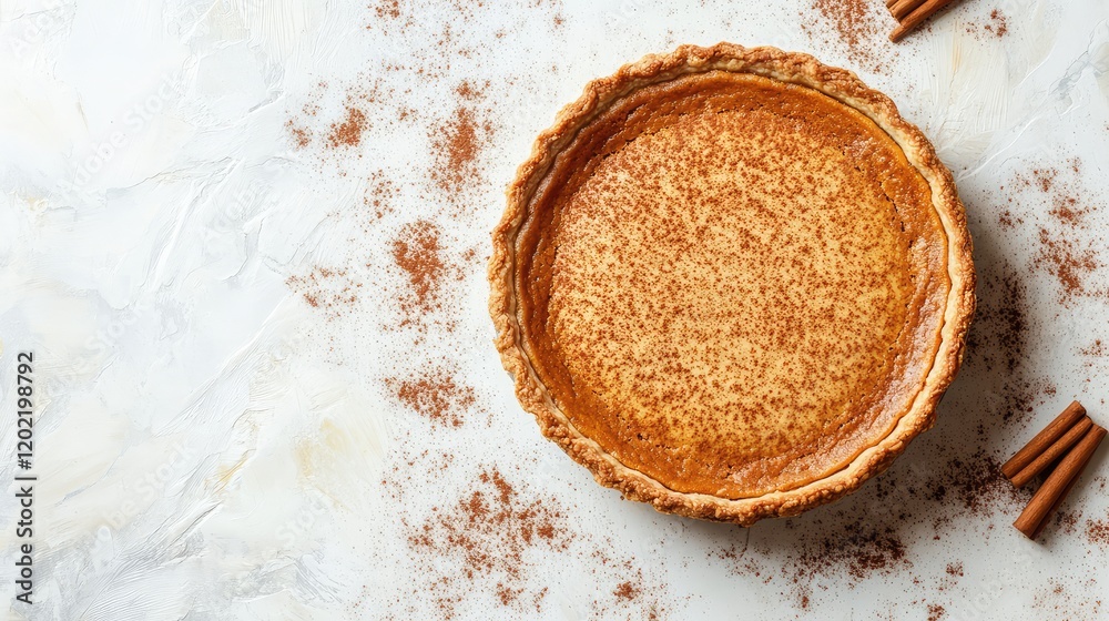 Poster pumpkin pie in a baked crust with cinnamon sticks and spice scattered on a light textured background