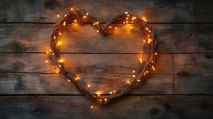 Heart-shaped wreath made of twigs adorned with warm glowing fairy lights on rustic wooden background with Copy Space.