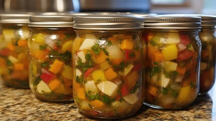 Colorful homemade vegetable pickles in glass jars with metal lids arranged on a countertop with shallow depth of field Copy Space
