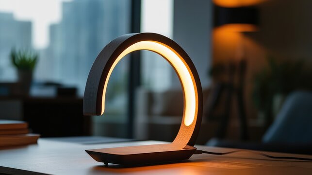 Modern desk lamp with curved design emitting warm light on a wooden surface with blurred office background and copy space