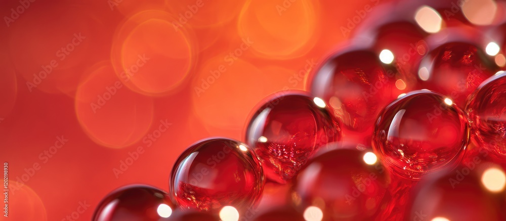 Poster Red glass spheres with reflections on a vibrant orange and red bokeh background with Copy Space for text placement