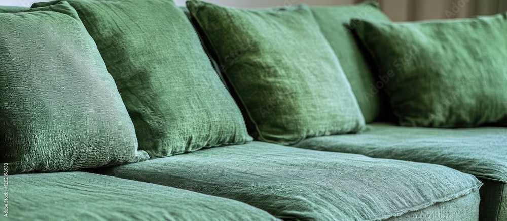 Poster green velvet couch with multiple textured cushions arranged in a casual manner showcasing soft fabri