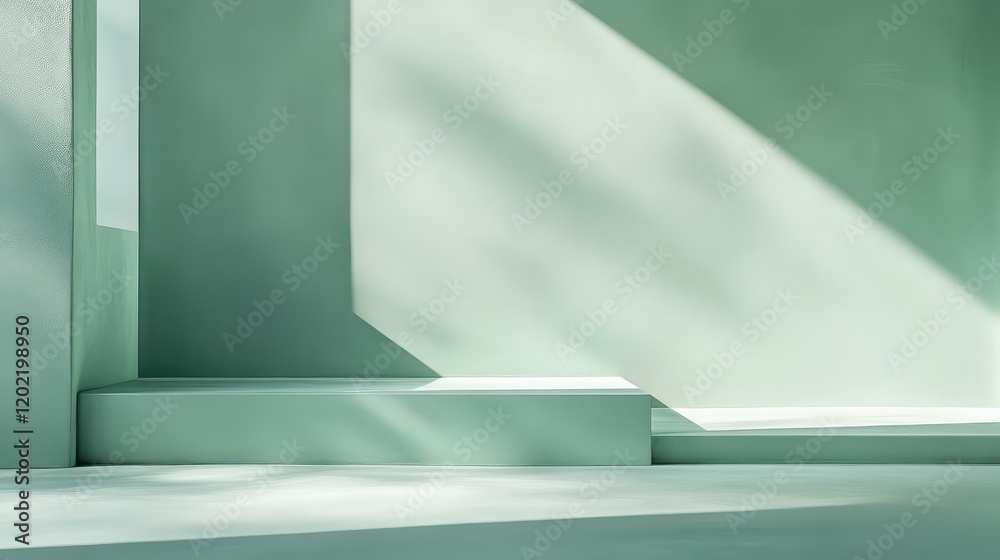 Leinwandbilder Minimalist interior with soft green walls and light shadows, featuring angular shapes and empty space, ideal for copy space usage.