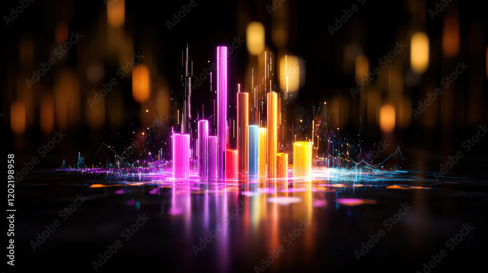Poster vibrant bar graphs and colorful line trends create dynamic visual representation of data analysis, s