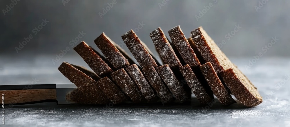 Poster Sliced dark bread arranged at an angle with a knife on a textured gray surface Copy Space