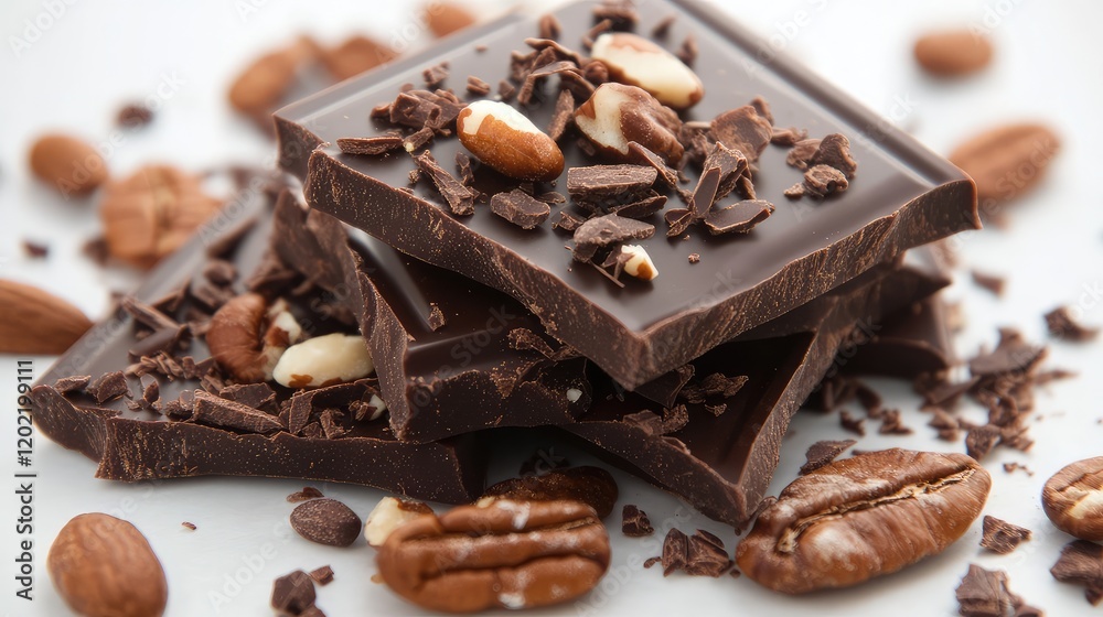 Poster Dark chocolate pieces topped with crushed nuts and cocoa on a white background with Copy Space