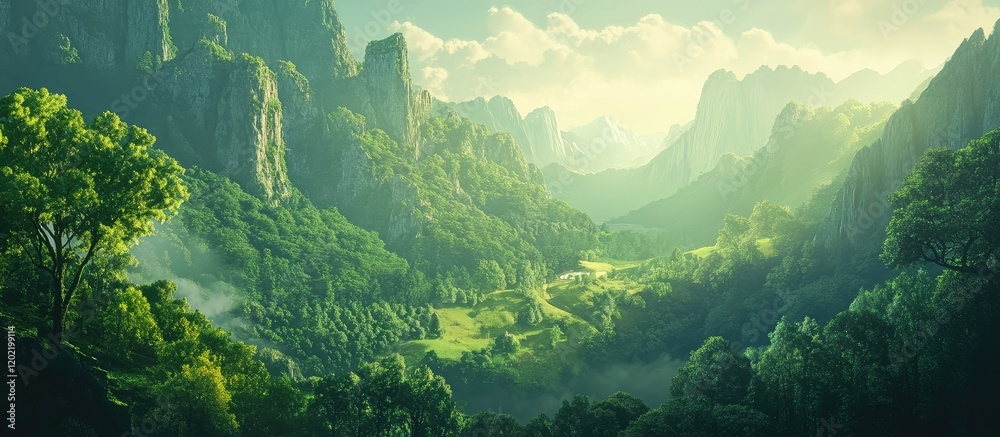 Aufkleber lush green valley surrounded by towering mountains under soft morning light with copy space for text