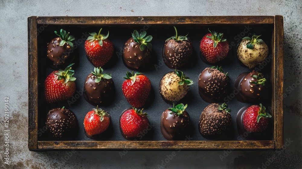 Poster Chocolate dipped strawberries arranged in a wooden tray with a plain background and ample copy space for text inclusion.