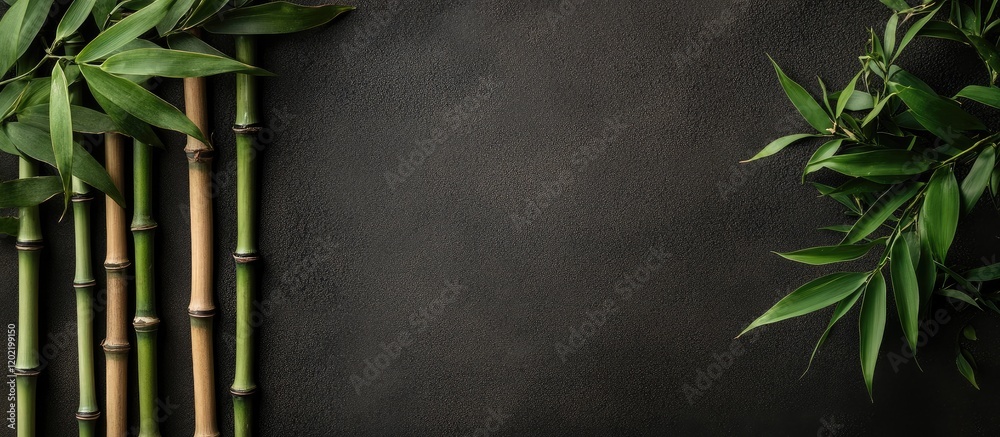 Poster Green bamboo leaves and stalks arranged on a dark textured background with copy space for text or design elements.