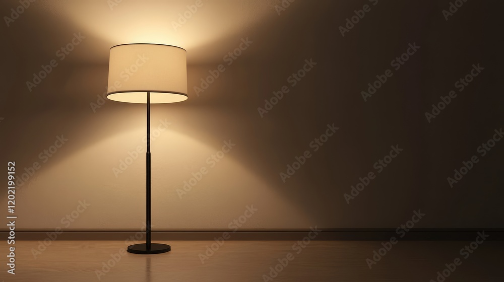 Poster elegant floor lamp casting soft light on a dark wall with potential copy space for text and design e