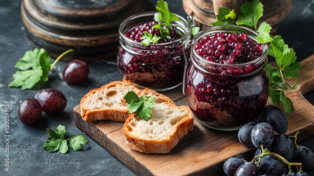 Poster Homemade grape jam in glass jars with fresh bread slices and grapes on wooden board with herbs and rustic background Copy Space