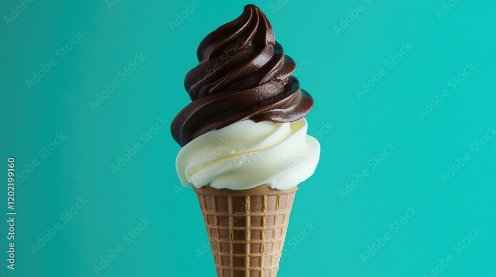 Poster Soft serve ice cream cone with chocolate and vanilla swirls on turquoise background Copy Space