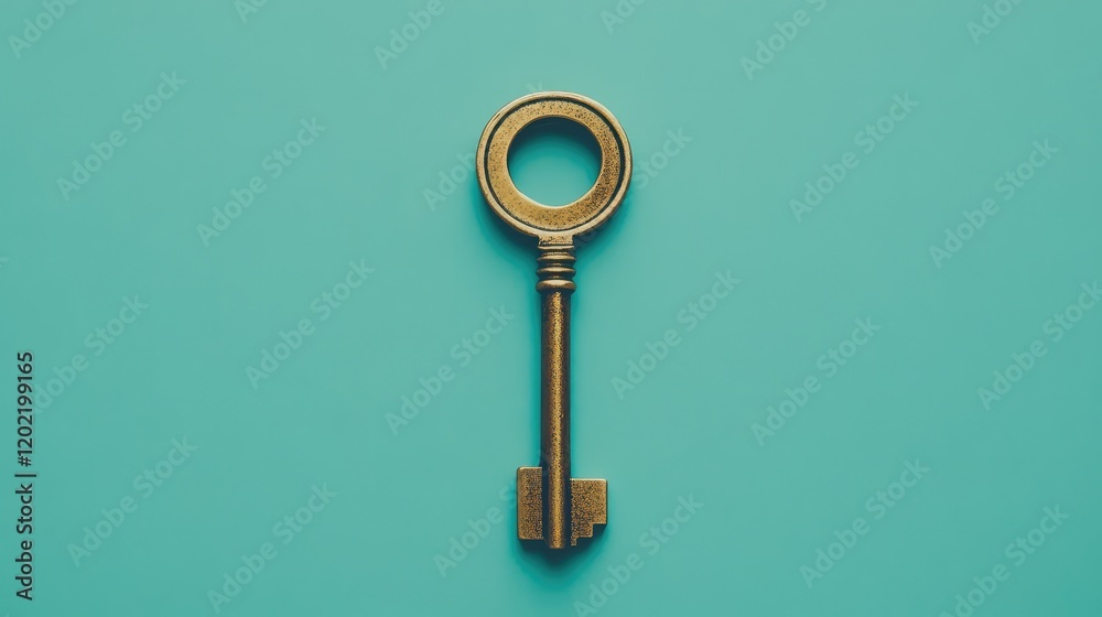 Poster Vintage brass key on a teal background with Copy Space for text placement.