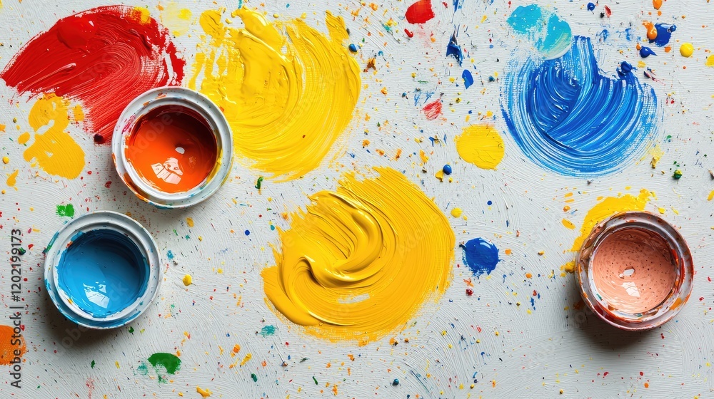 Aufkleber Colorful paint swatches and splatters on a white background with three open paint cans and copy space for creative projects.