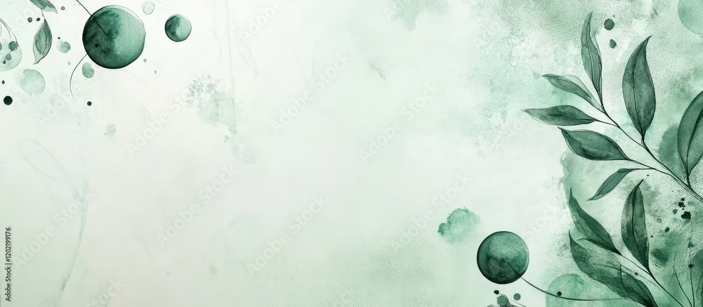 Poster abstract green watercolor background with leaves and circular shapes providing ample copy space for 