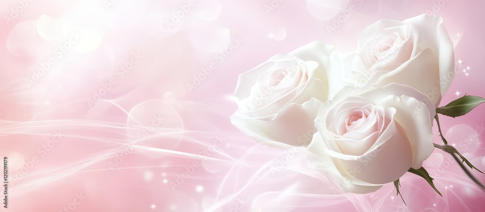 Poster Three white roses on a soft pink background with copy space for text, featuring light bokeh effects and romantic ambiance.