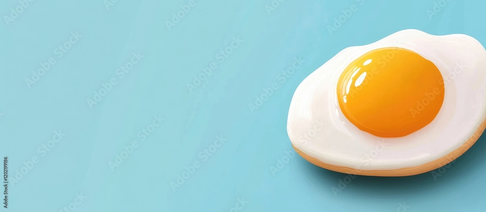 Poster Fried egg with bright yellow yolk on a soft blue background with ample copy space for text placement