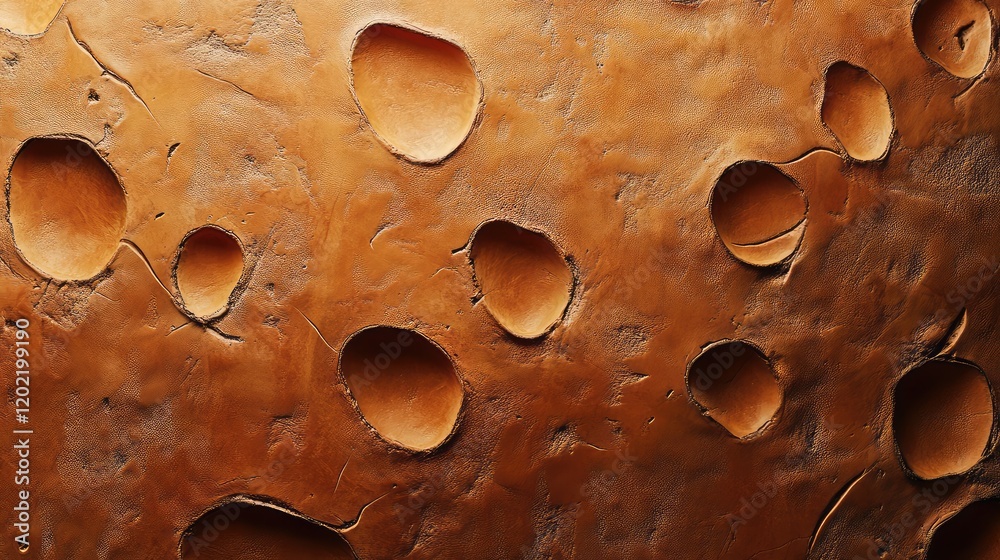 Aufkleber textured surface with irregular holes in a brown leather-like material, suitable for backgrounds wit