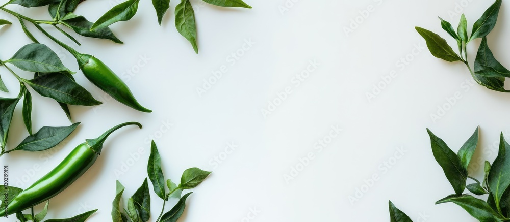Poster fresh green chili peppers and leaves arranged on a light background with ample copy space for text p
