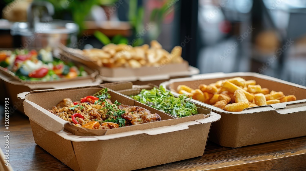 Aufkleber Assorted takeout food in eco-friendly containers on a wooden table with copy space available for text