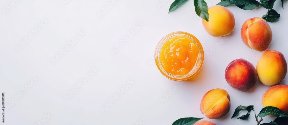 Aufkleber fresh peaches surrounded by leaves with a glass of peach jam on a white background with ample copy s