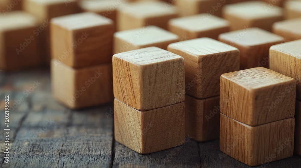 Poster Wooden building blocks arranged on a rustic wooden surface with copy space for text.