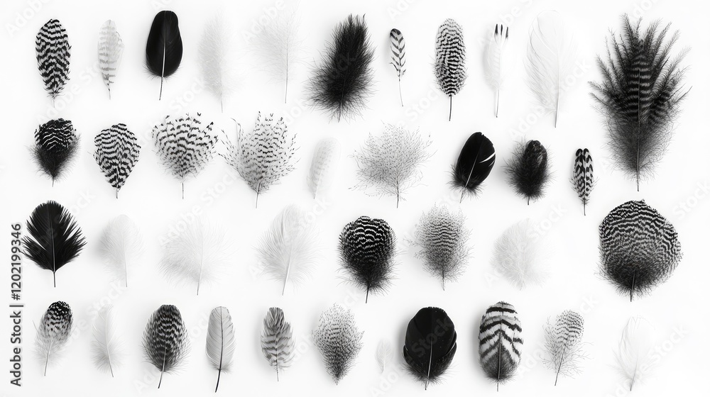 Poster Collection of monochrome leaf silhouettes arranged in a grid pattern showcasing intricate designs and textures on a white background with Copy Space.