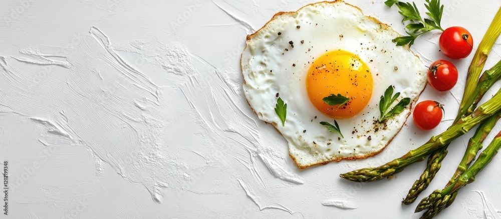 Poster fried egg on a white plate with cherry tomatoes and fresh asparagus arranged on a textured backgroun