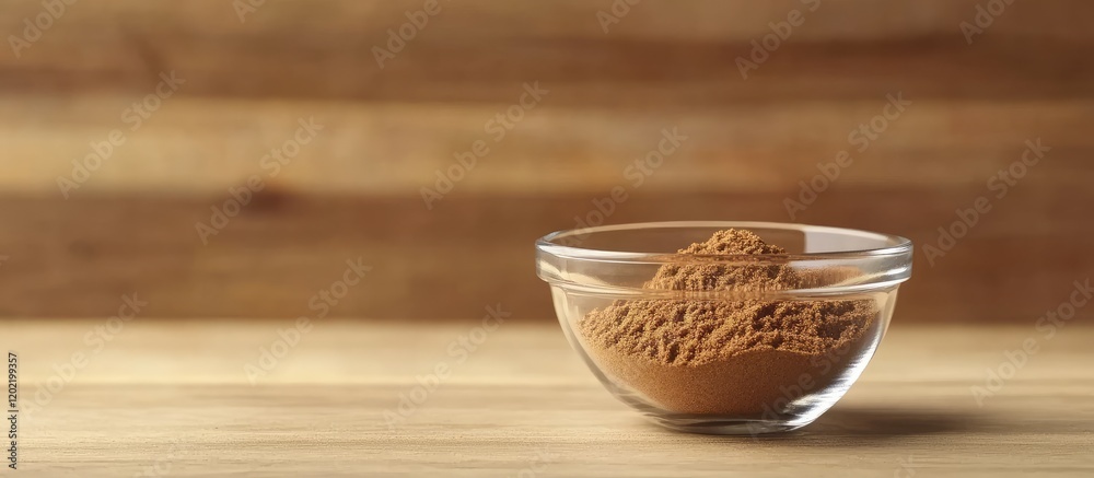 Poster Bowl of cocoa powder on wooden table background with copy space for text or design.