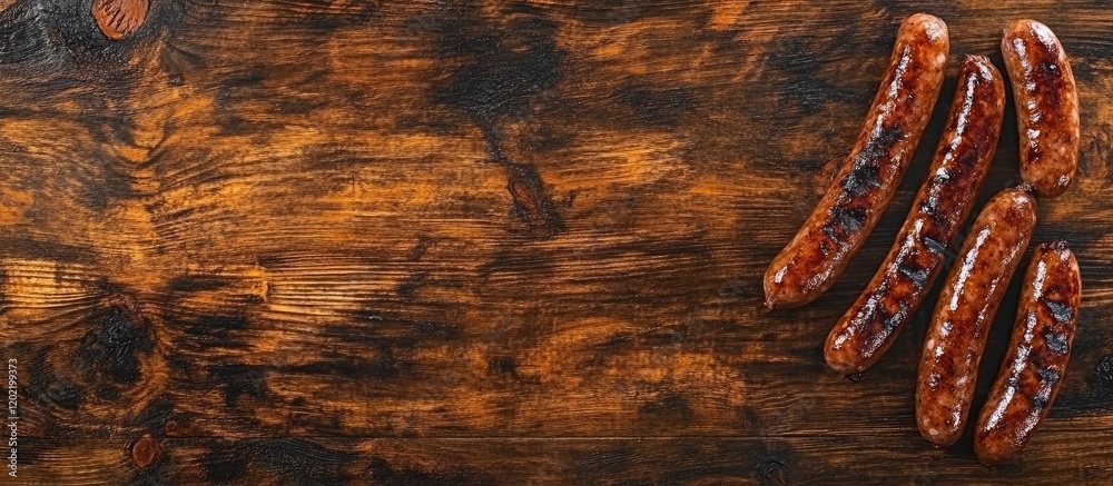 Poster Grilled sausages on a rustic wooden surface with Copy Space for text placement