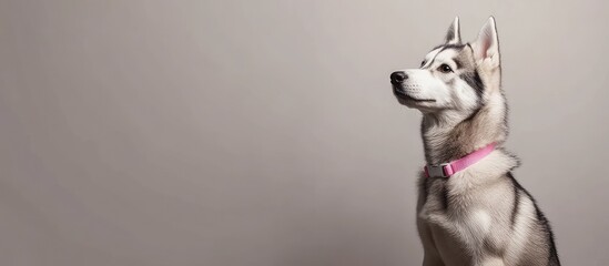 Siberian Husky dog in a pink collar sitting against a plain background with Copy Space for text.