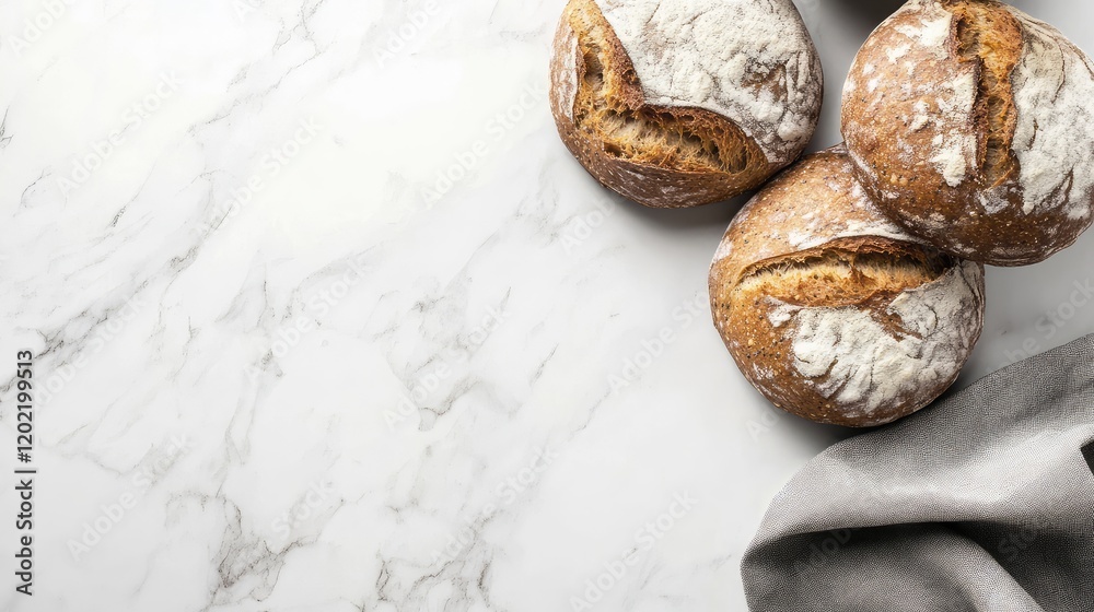 Poster freshly baked artisan bread loaves on marble countertop with gray linen napkin and ample copy space 