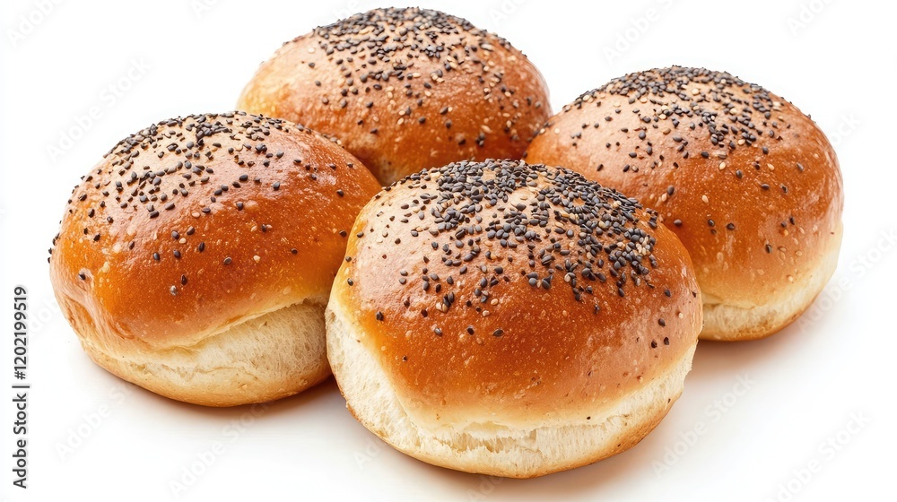Poster freshly baked poppy seed buns arranged in a cluster against a white background with copy space.