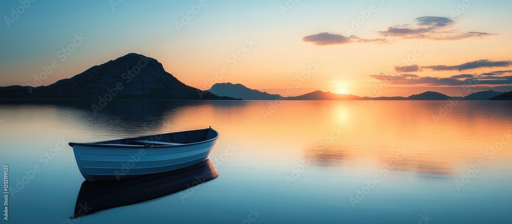Aufkleber landscape view of a tranquil lake at sunset with a lone boat floating on the water and distant mount