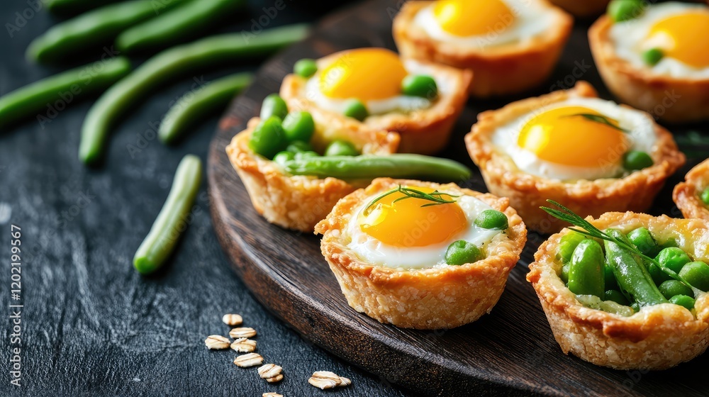 Poster mini quiches with green peas and eggs on a wooden serving platter with copy space for text