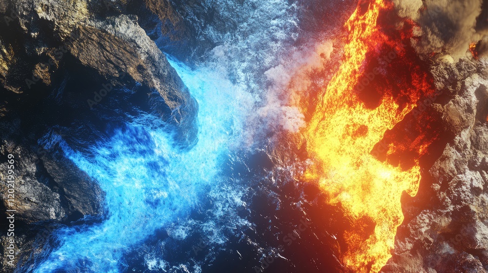 Poster Contrasting Elements of Fire and Water Flowing Around Rocky Cliffs with Copy Space for Text