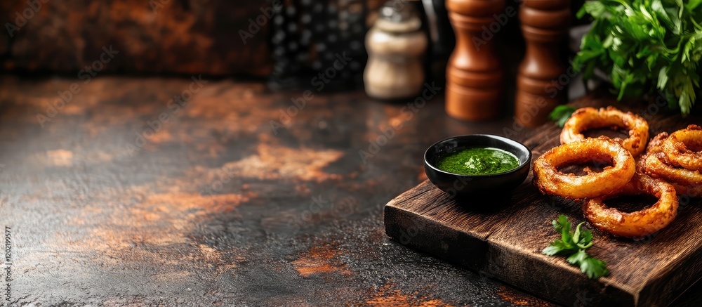 Poster fried onion rings served with green dipping sauce on rustic wooden board with copy space for text