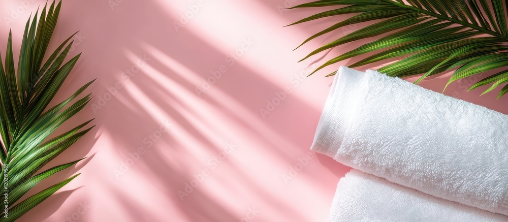 Aufkleber White towels with green palm leaves on a pink background showing shadows and Copy Space for text placement.