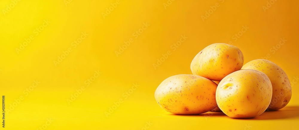 Poster heap of fresh yellow potatoes on a bright yellow background with copy space for text.