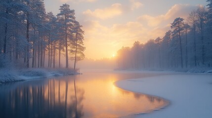 Fototapeta premium Winter sunrise over snowy lake, tranquil forest. Peaceful nature scene, ideal for calendar