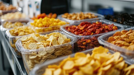 Fototapeta premium Assorted dried fruits and vegetable chips in transparent containers on display in a retail setting Copy Space