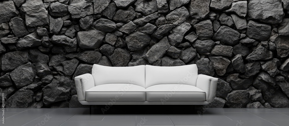 Poster modern white sofa against a textured dark stone wall with copy space for text.