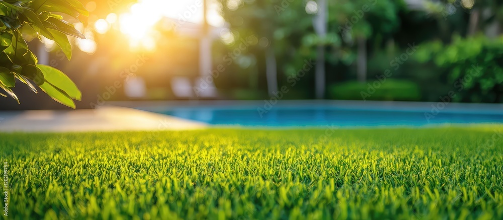 Poster green grass with sunlight reflecting on a swimming pool in a lush garden setting copy space