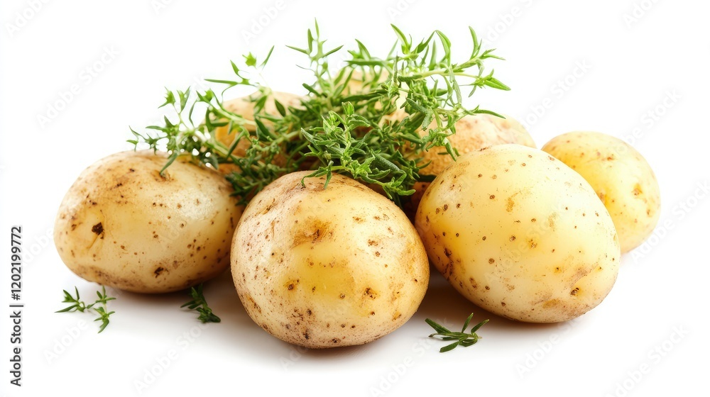 Aufkleber fresh unpeeled potatoes with thyme leaves arranged on a white background copy space