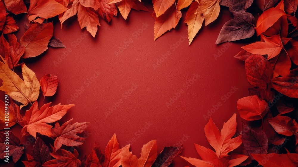 Poster Autumn leaves in various shades of red and orange arranged around a deep red background with copy space in the center