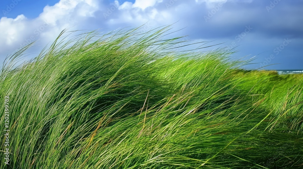 Aufkleber Green grass swaying in the wind under a partly cloudy sky Copy Space