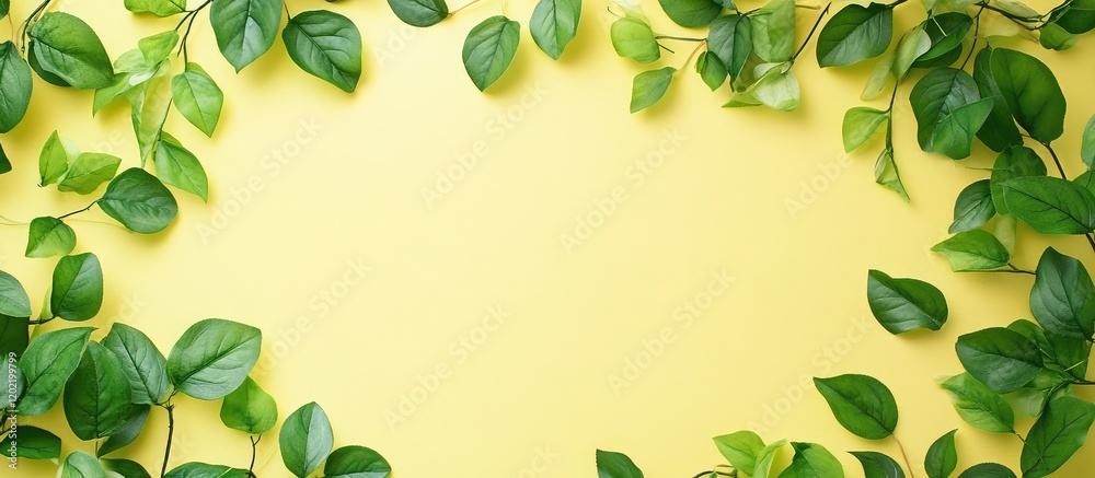 Poster green leaves frame on bright yellow background with copy space for design and text.